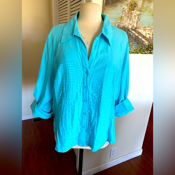 David Brooks Blue 3/4 Sleeve Relaxed Button Down Shirt - Picture 1 of 5